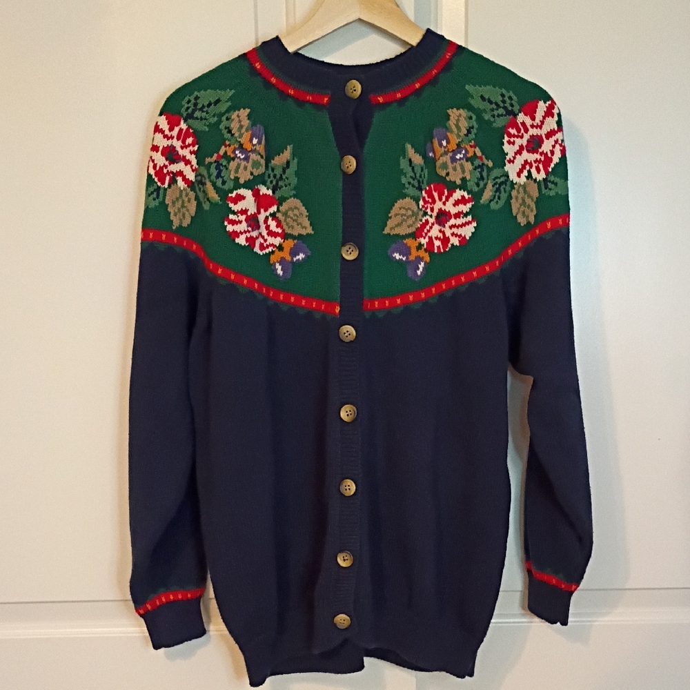 Charter Club By Jane Justin 100% Cotton Floral Yoke Cardigan Sweater Size Large